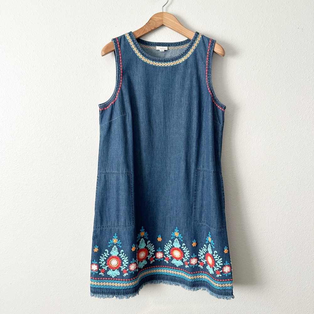 J. Jill Denim Floral Embroidered Sleeveless Frayed Shift Dress Womens Size Large
